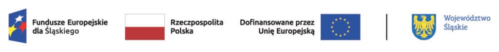 logotpy inii europejskiej z napisem dofinansowane orzez Unię Europejską, flaga Rzeczypospolitej oraz godło województwa śląskiego